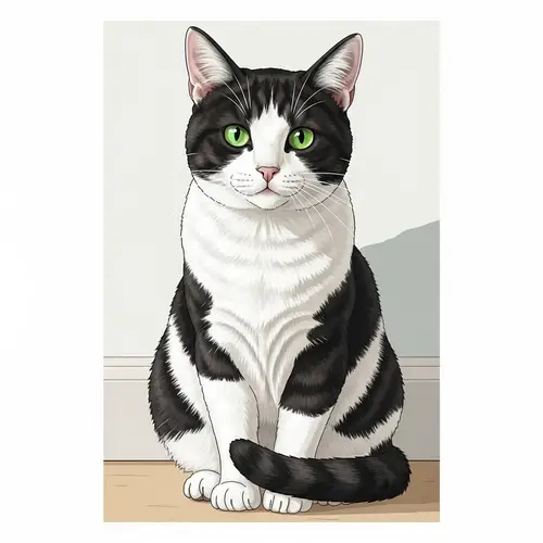 Black and White Mottled Domestic Cat Illustration