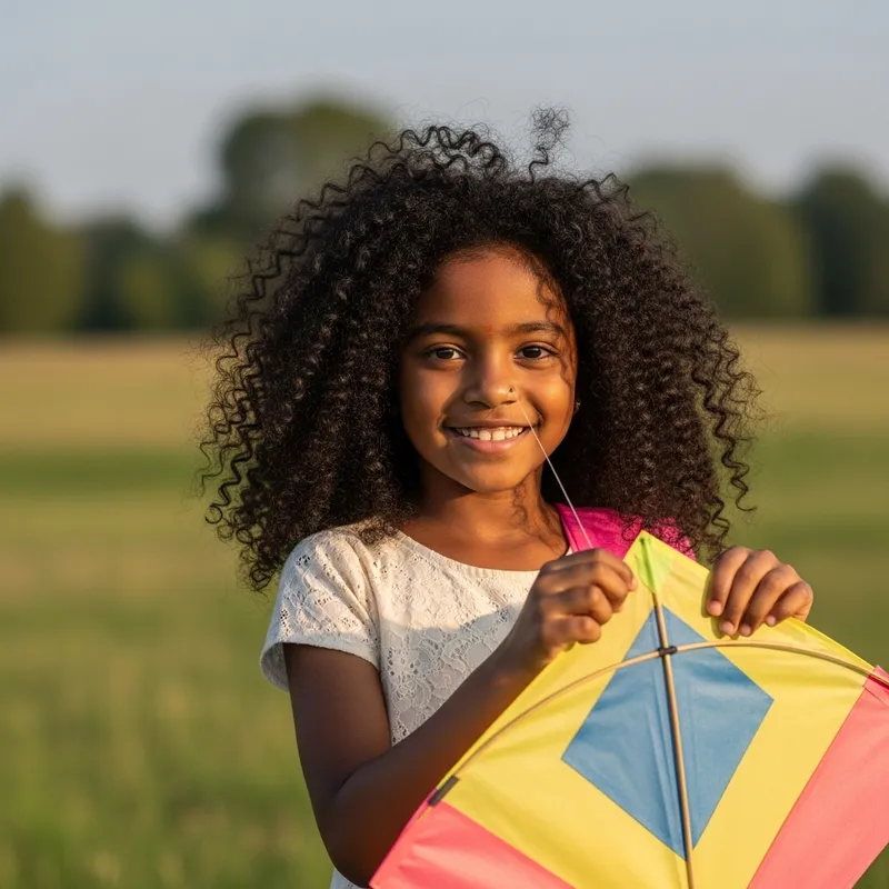 Dark-Skinned Indian Girl with Vibrant Curly Hair Outdoors | Joyful Moment