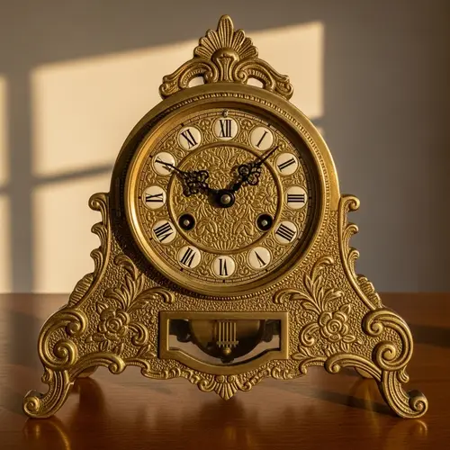 Vintage Brass Mantel Clock with Ornately Carved Design