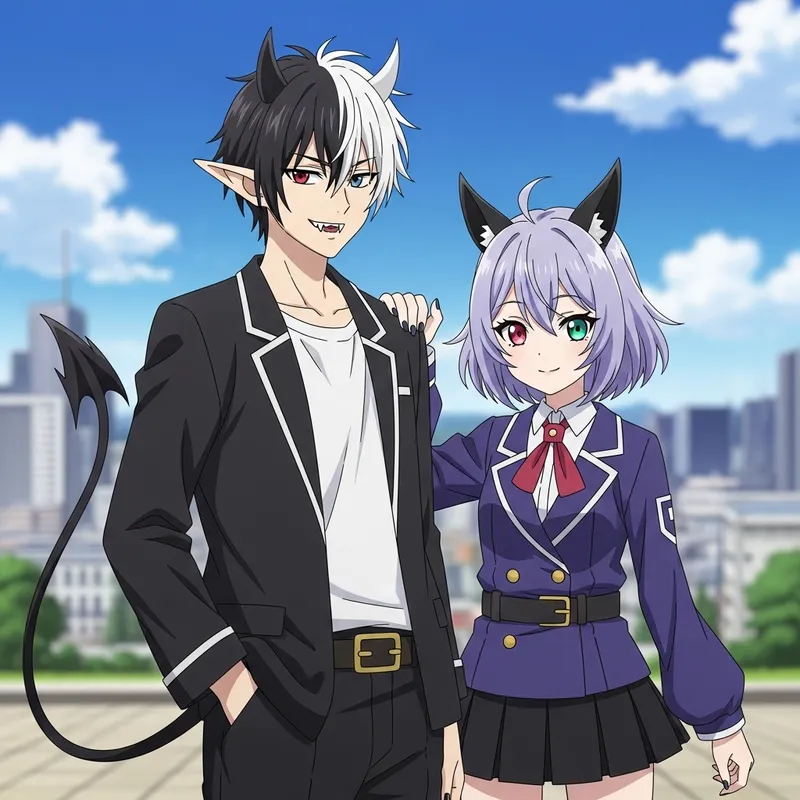 Demon Anime Boy & Girl in Black & White Fantasy World