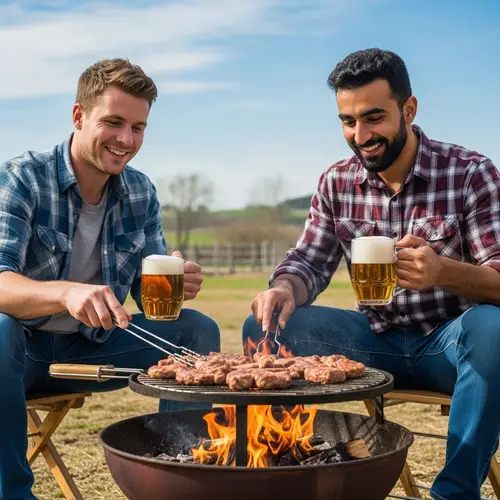 Hillbillies Grilling Meat and Drinking Beer - Rustic Farm Scene