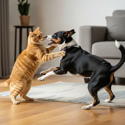 Playful Cat and Dog Fight in a Cozy Living Room