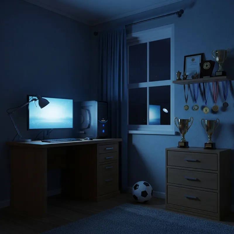 Cozy Night Room with Computer Desk, Soccer Ball & Award Shelf