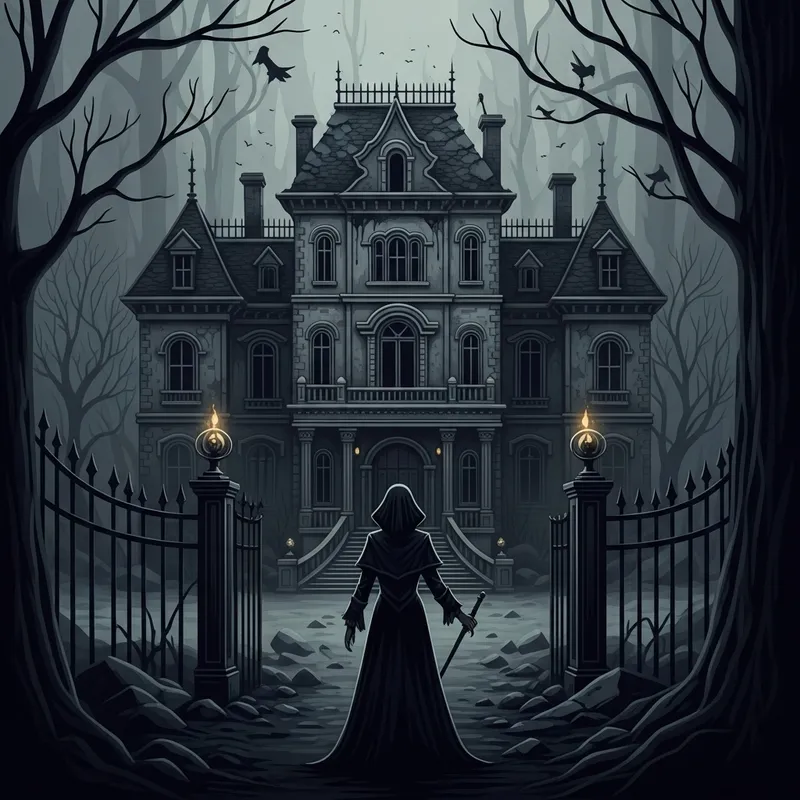 Decaying Mansion: Gothic Horror Scene with Creaking Shadows