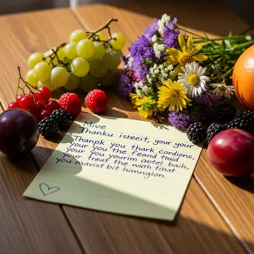 Gratitude Note on Weathered Wood Table with Fruits and Wildflowers