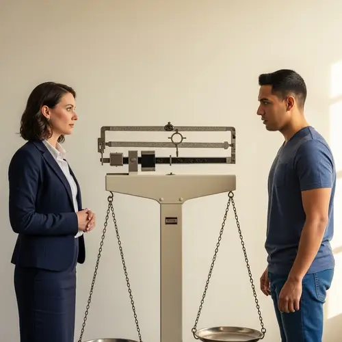 Professional Woman vs. Casual Man on Scales: Comparison Scene