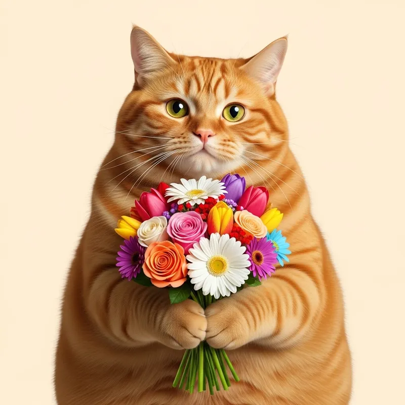 Vibrant Red-Haired Chubby Cat with Bouquet of Flowers