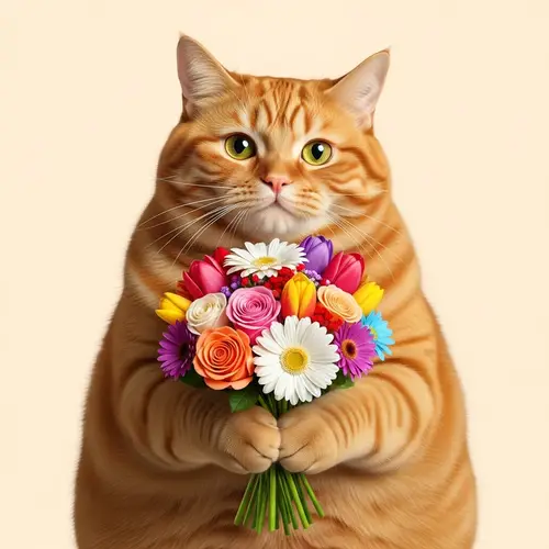 Red-Haired Chubby Cat with Bouquet of Flowers