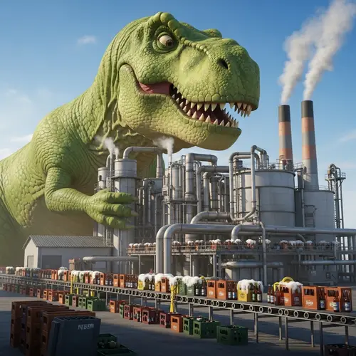 Gigantic Cartoon Rex Hugging Beer Factory