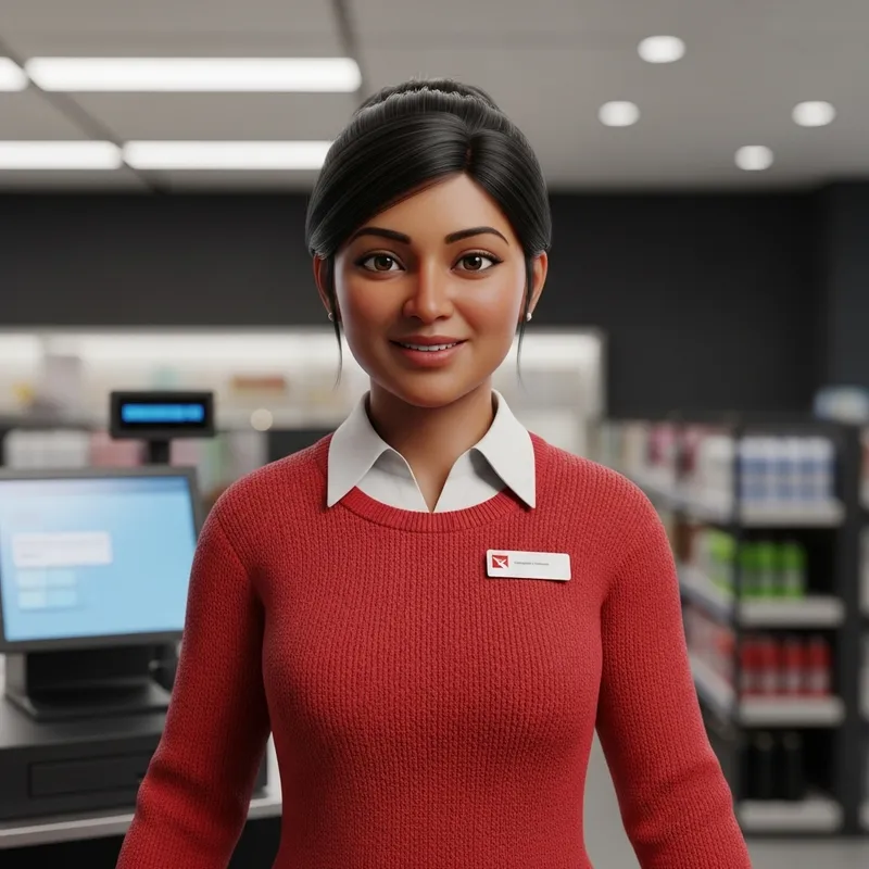 3D Cashier Woman in Red Sweater - South Asian Ethnicity