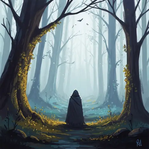 Enigmatic Character in Misty Woodland | Impressionistic Artwork