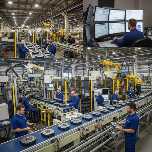Detailed Industrial Production Process: Conveyor Belts, Heavy Machinery, Employees