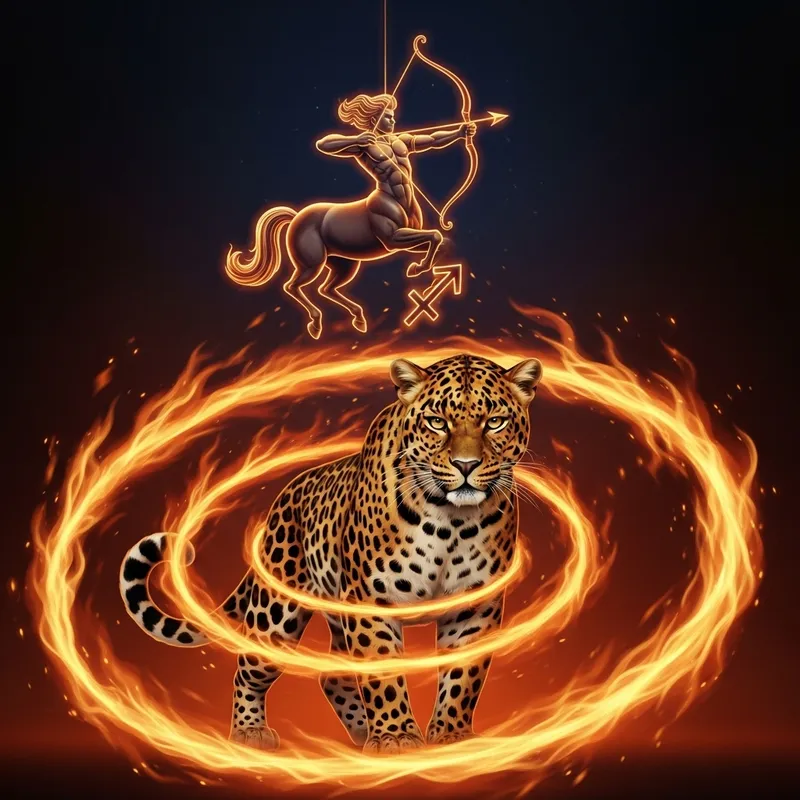Ferocious Leopard Enveloped in Mystical Fire with Sagittarius Symbol Ferocious Leopard Enveloped in Mystical Fire with Sagittarius Symbol