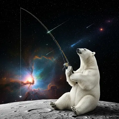 Polar Bear Fishing for Stars on Moon | Serene Cosmic Scene