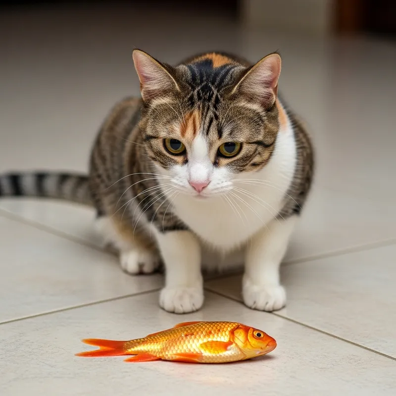 Playful Cat Anticipating Vibrant Orange Goldfish Feast Playful Cat Anticipating Vibrant Orange Goldfish Feast