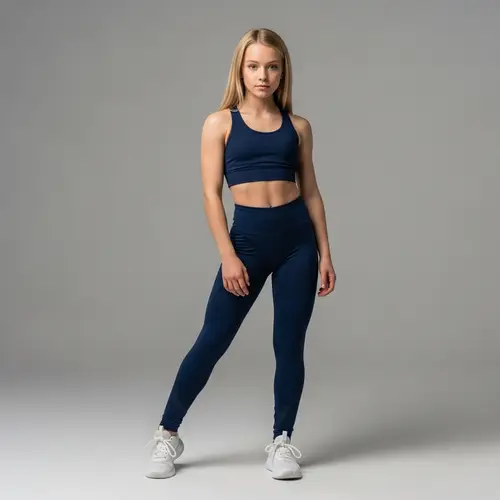 Athletic Girl in Leggings: Confident Pose with Blue Eyes and Blond Hair