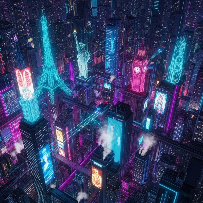 Futuristic Neon Cityscape with Iconic Landmarks and Cyberpunk Vibe