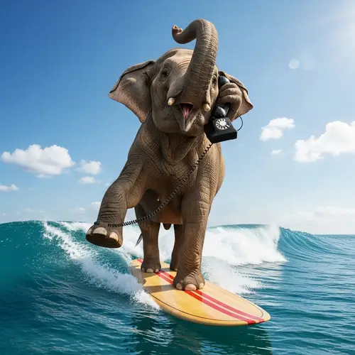 Elephant Balancing on Surfboard in Ocean Talking on Vintage Telephone