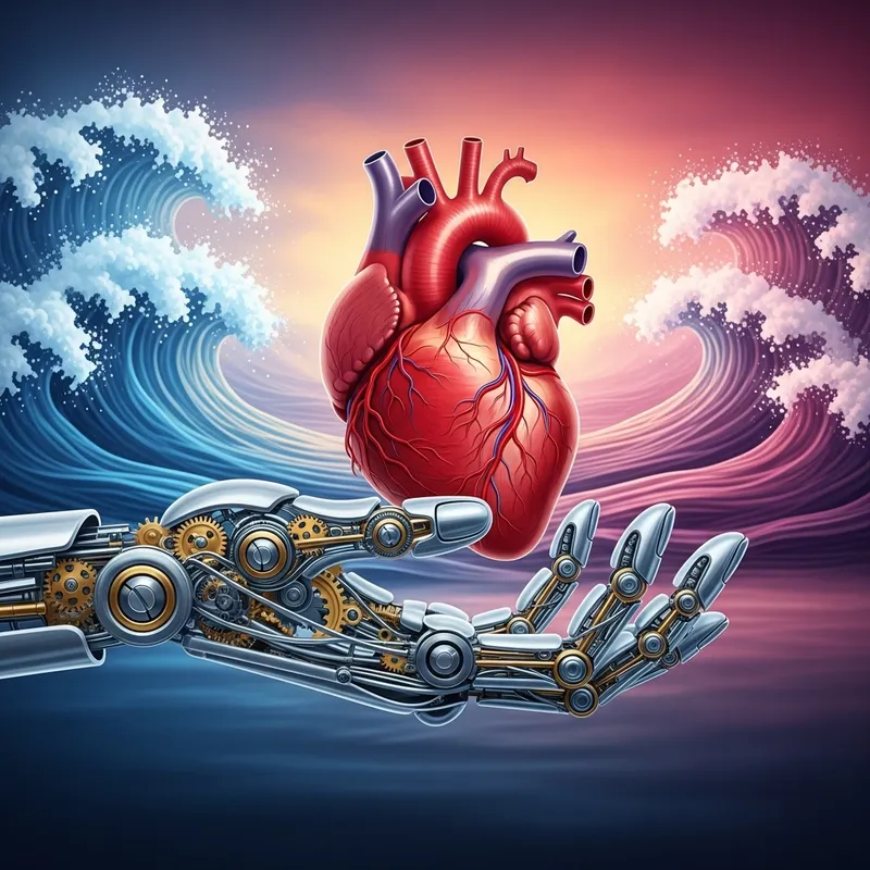 Mechanical Hand Holding Human Heart | Colorful Waves Background