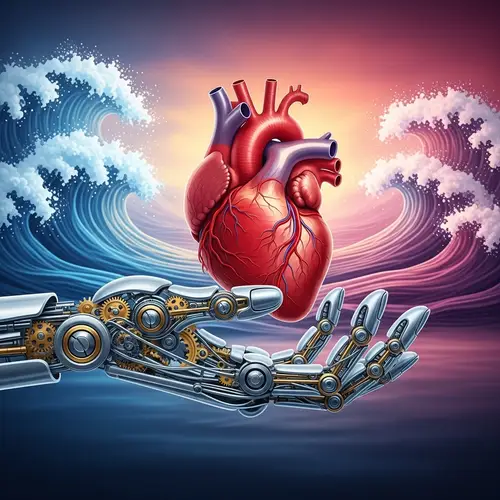 Mechanical Hand Holding Realistic Human Heart | Colorful Waves Background
