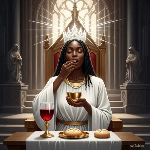 Divine Woman in Throne Room: Black Skin, Elegant Gown, Holy Aura