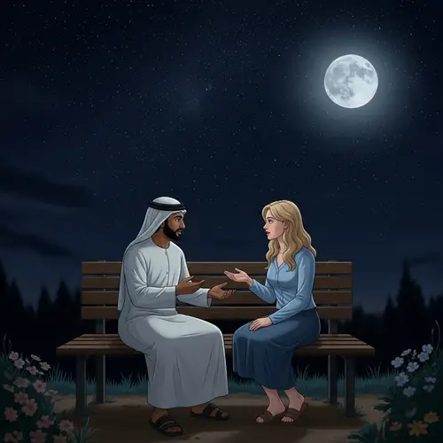 Enchanting Night Scene with Tranquil Conversation Under Silver Moon