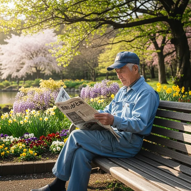 Elderly Japanese Man Reading Newspaper in Garden Park