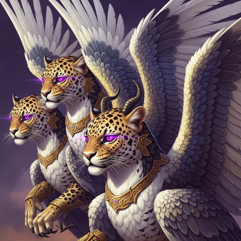 Three Demon Beasts: Leopard Heads & Falcon Bodies in Vibrant Splendor