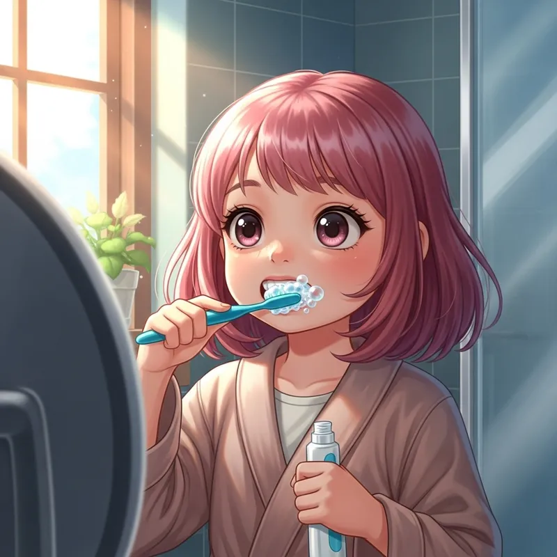 Girl with Big Eyes & Pink Hair Brushing Teeth in Morning Light