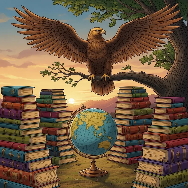 Majestic Eagle Overlooking Globe & Antique Books