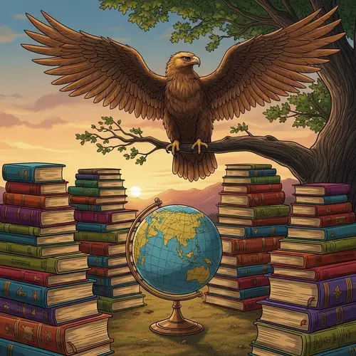 Majestic Eagle Overlooking Globe & Antique Books
