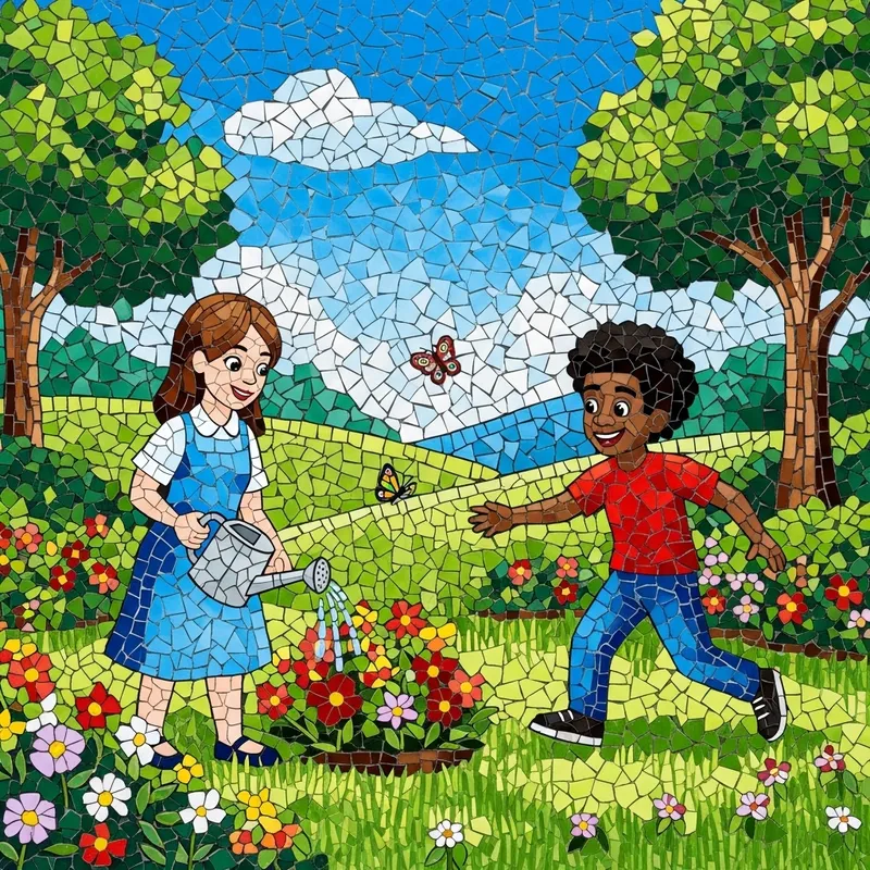 Colorful Mosaic Cartoon Garden Scene