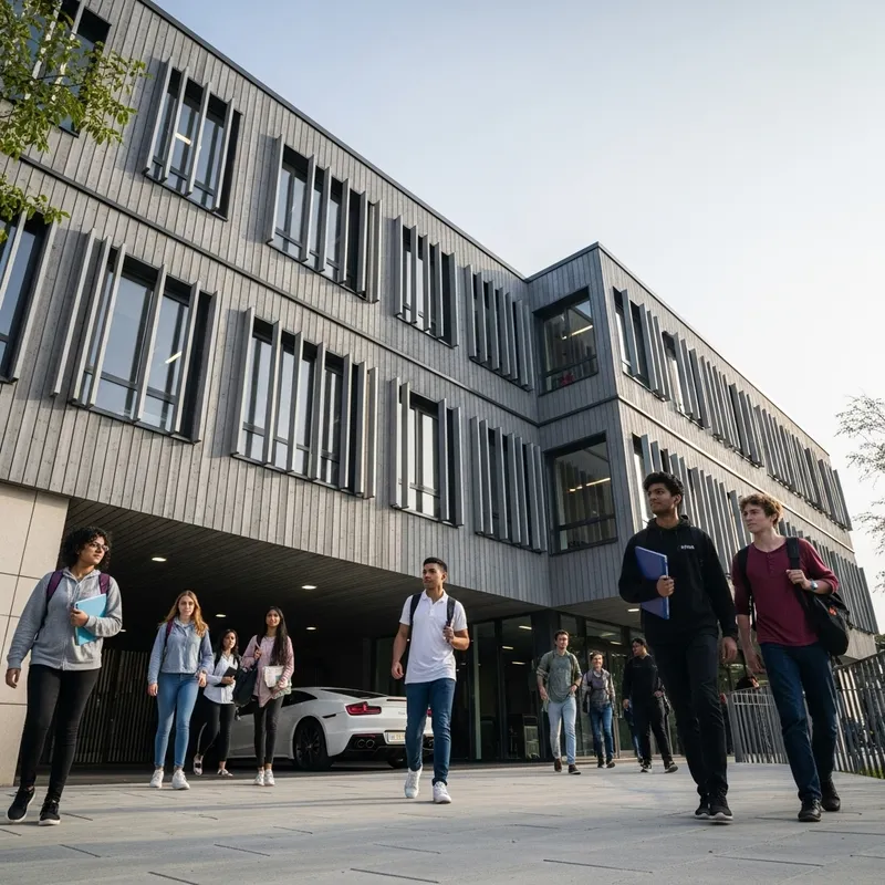 Contemporary School Building and Students with Luxury Car