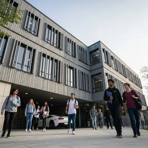 Modern School Structure with Luxury Car and Diverse Students
