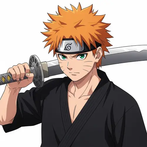 Anime-Style Young Man with Spiky Orange Hair and Samurai Sword
