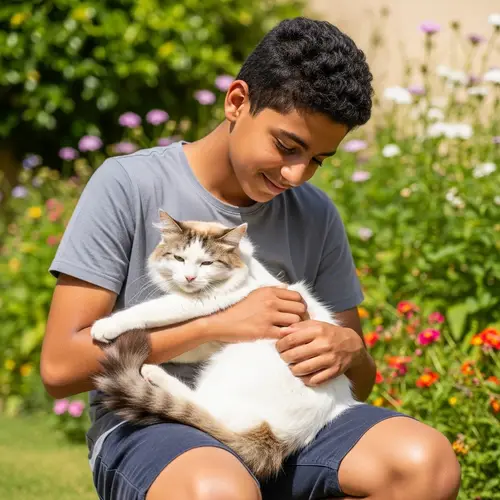 Young Boy Tenderly Petting Fluffy Cat Outdoors
