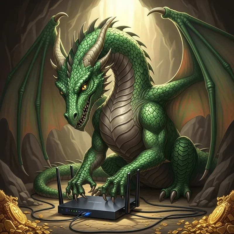 Green Dragon Setting Up Router | Tech Fantasy Art