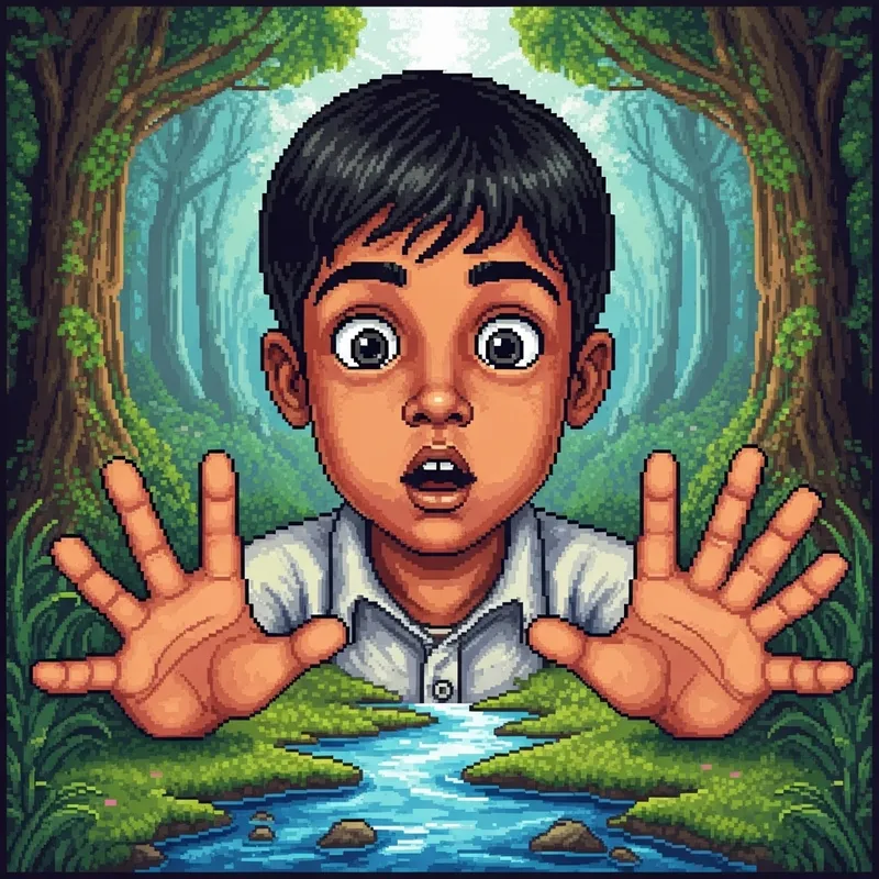Curious Young Boy of South Asian Descent in Pixel Art - Nature Exploration