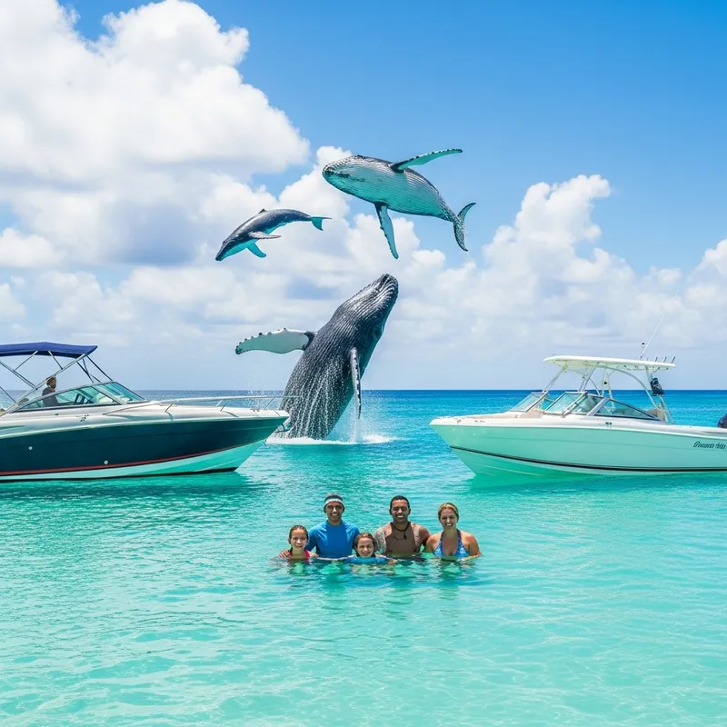Tranquil Family Fun in Caribbean Sea with Futuristic Boats and Majestic Whales