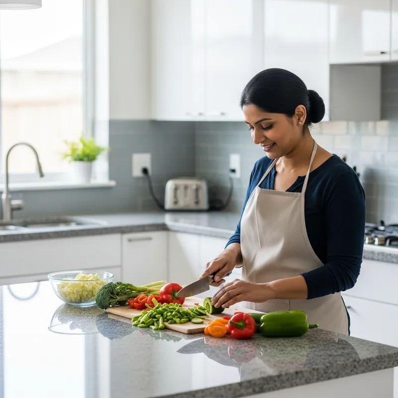Woman Chopping Vegetables in Stylish Kitchen