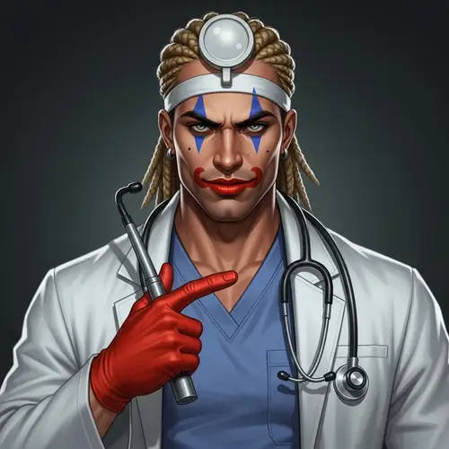 Realistic 30-Year-Old Muscular Hispanic Male in Eccentric Medical Attire