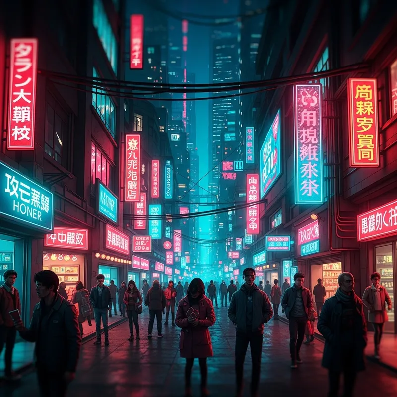 Neon Cyberpunk Cityscape with Tilt-Shift Miniature Effect Neon Cyberpunk Cityscape with Tilt-Shift Miniature Effect