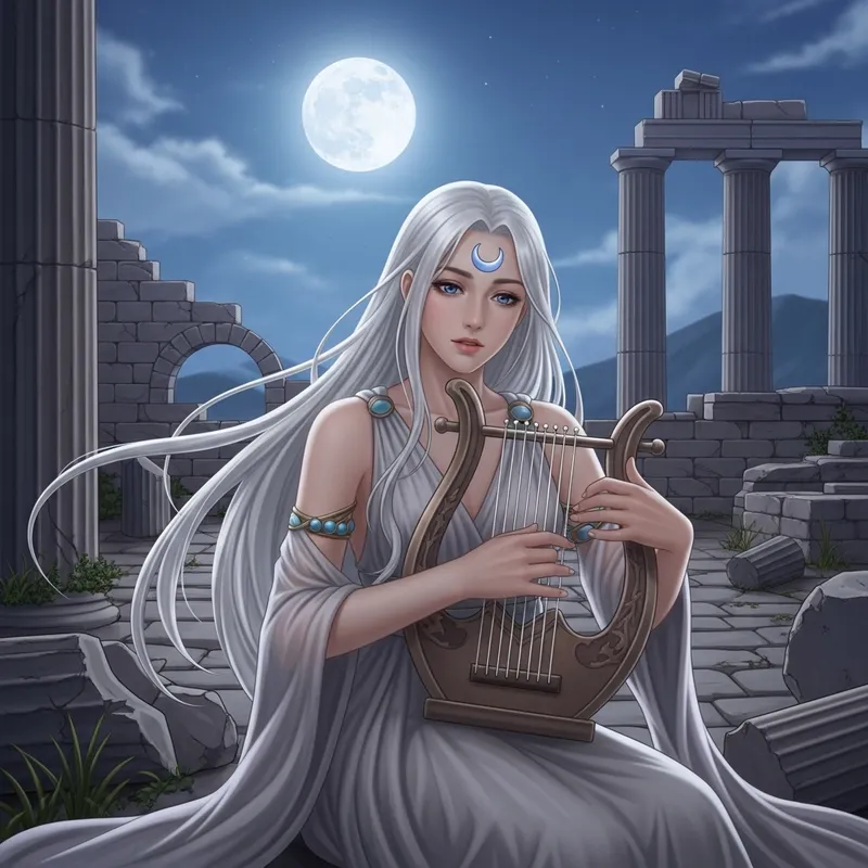 Serene Moment: Young Woman Playing Greek Lyre Under Moonlight