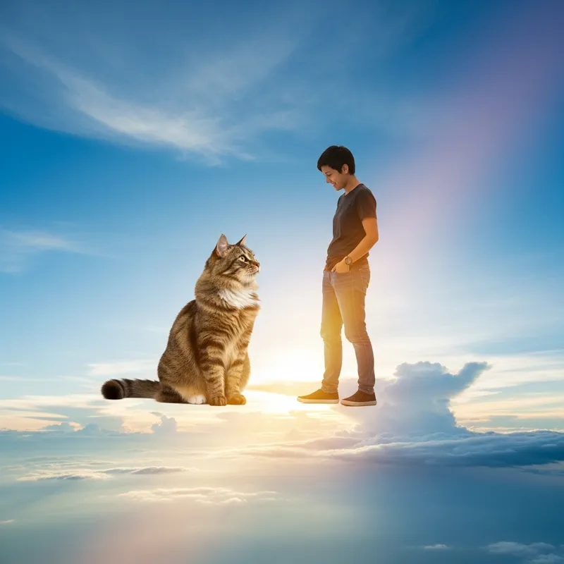 Surreal Sky Encounter with Fluffy Feline