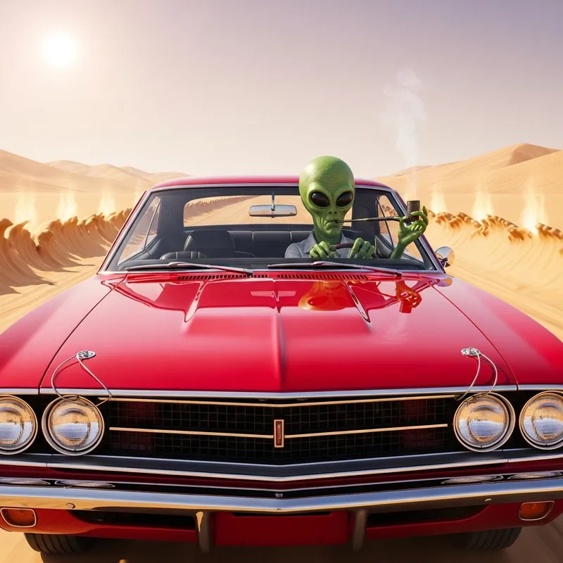 Vintage Muscle Car Driven by Alien in Desert | Surreal Fantasy