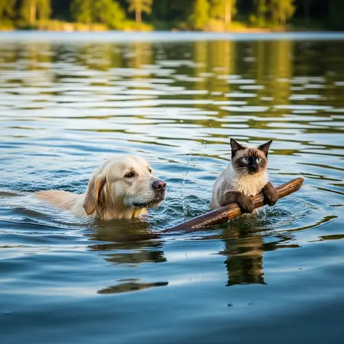 Dog and Cat Swimming in Serene Lake