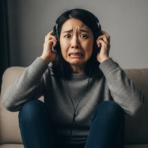 Asian Person Terrified While Listening to Music - Scared Expression