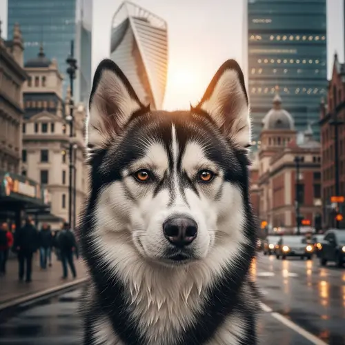 Siberian Husky with Black and White Fur in City Setting