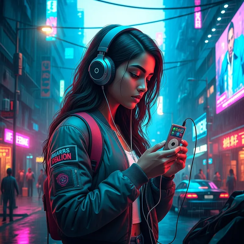 Futuristic Cyberpunk Cyber Girl Listening to iPod Music Player