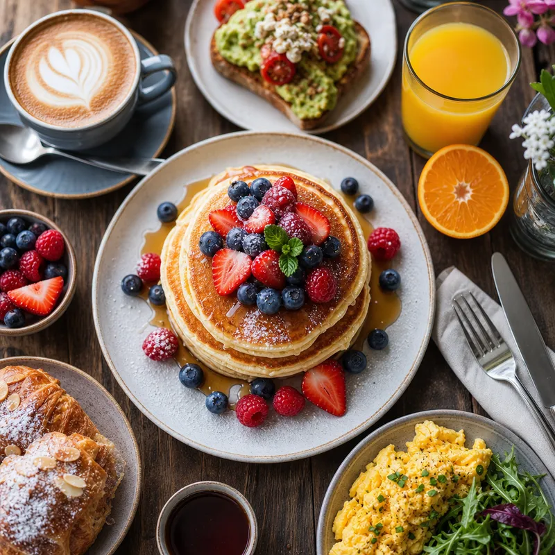 Gourmet Brunch Spread: Pancakes & Fresh Berries Gourmet Brunch Spread: Pancakes & Fresh Berries